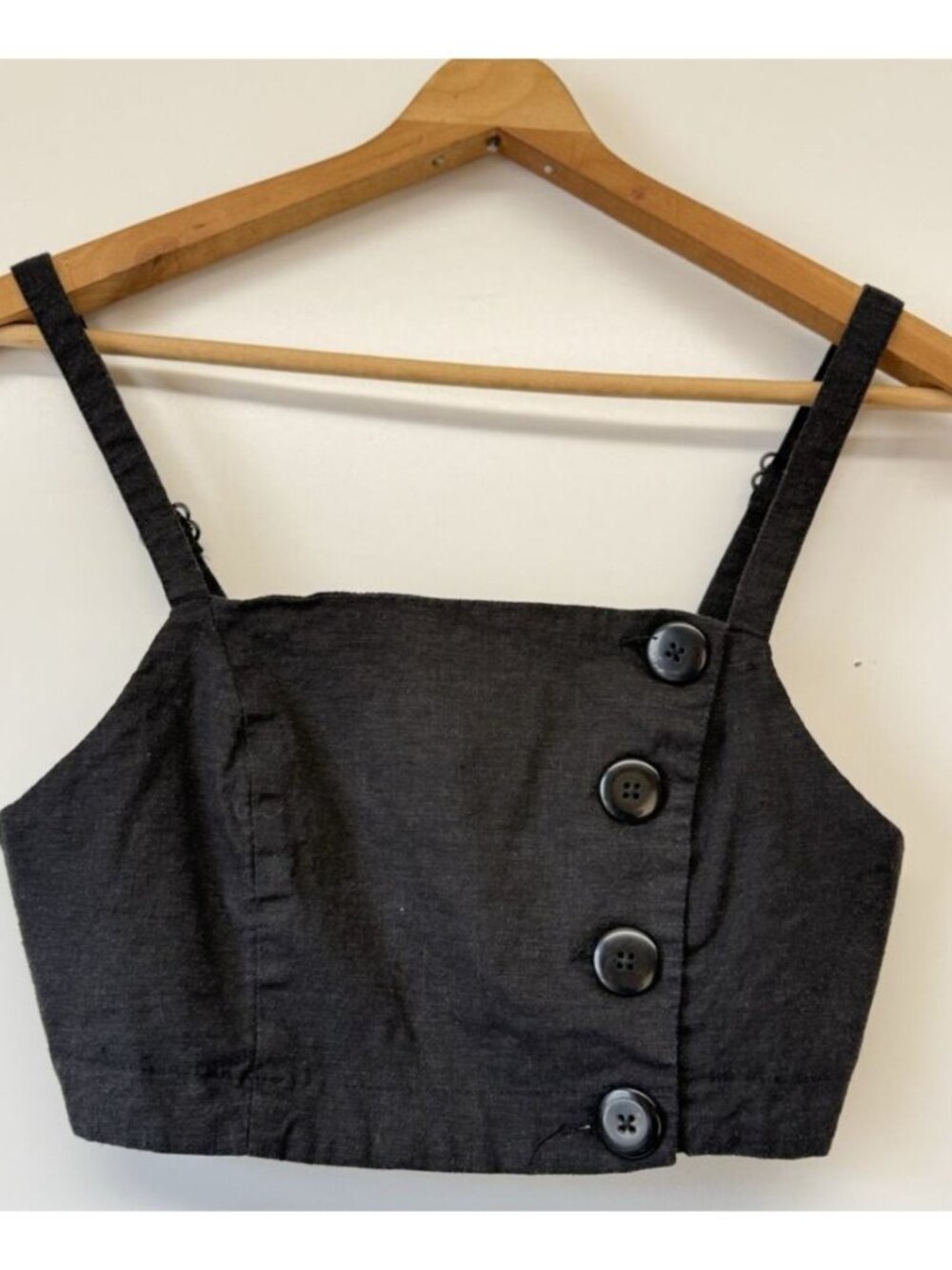 Black Crop Top Bandeau Smocked Back Button Linen Blend Sz Small - Picture 1 of 3